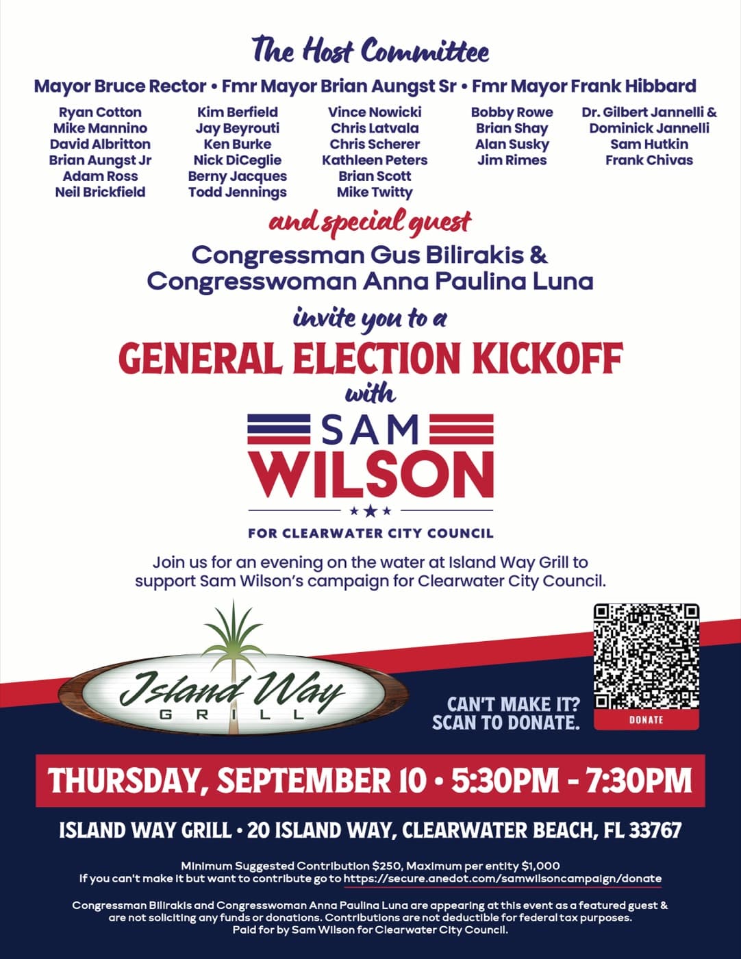 Invitation to Sam Wilson's General Election Kickoff at Island Way Grill on Thursday, September 10, 5:30 to 7:30 PM