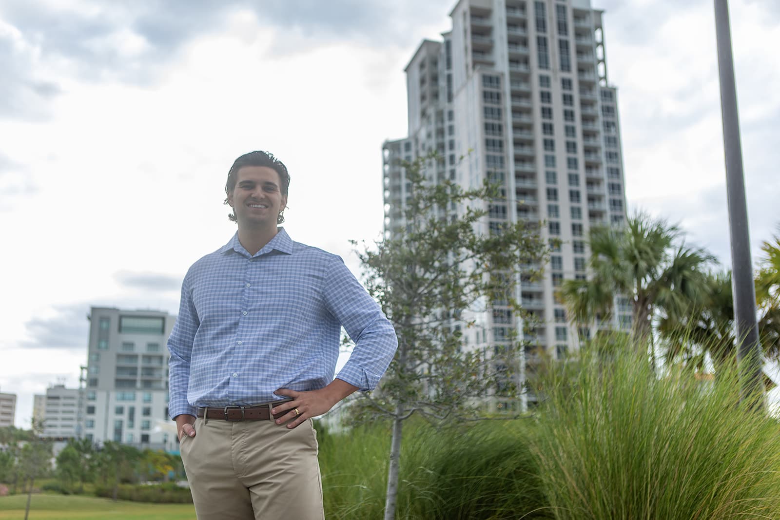 Sam Wilson standing in front of the Clearwater skyline